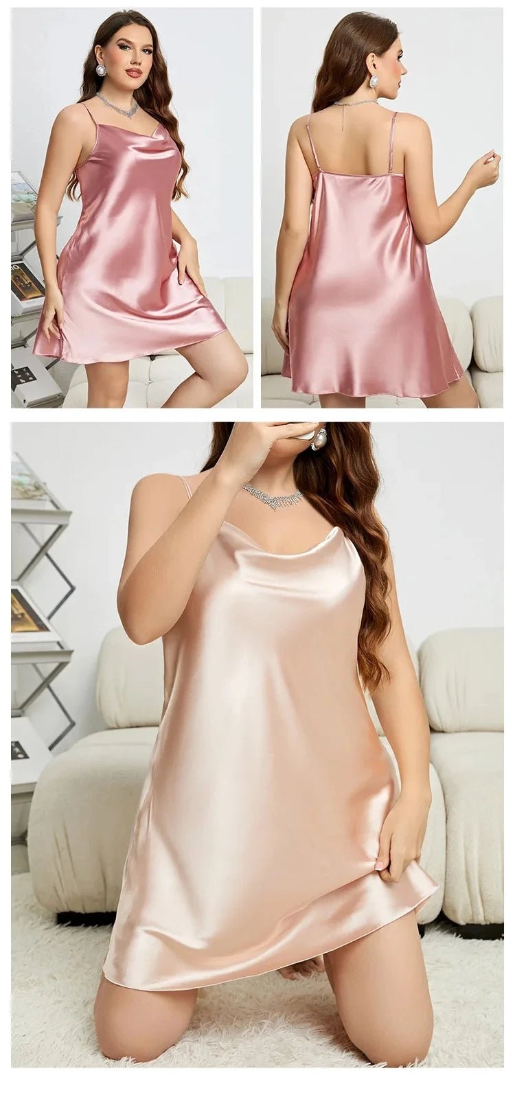 Large Size 3XL 4XL 5XL Female Nightgown Sexy Suspender Nightdress Pink Chemise Sleepwear Bathrobe Loose Satin Home Dressing Gown - MAGUSTA BEAUTY