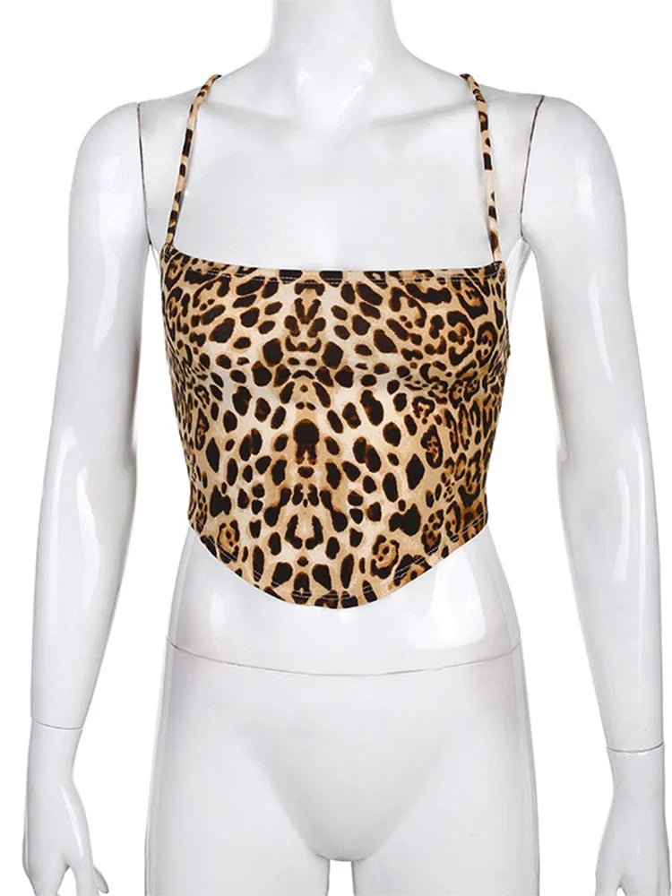 Leopard Pattern Women Tank Tops Backless Sexy Rave Outfits Sleeveless Cross Lace Up Bralette Crop Top Summer Streetwear - MAGUSTA BEAUTY