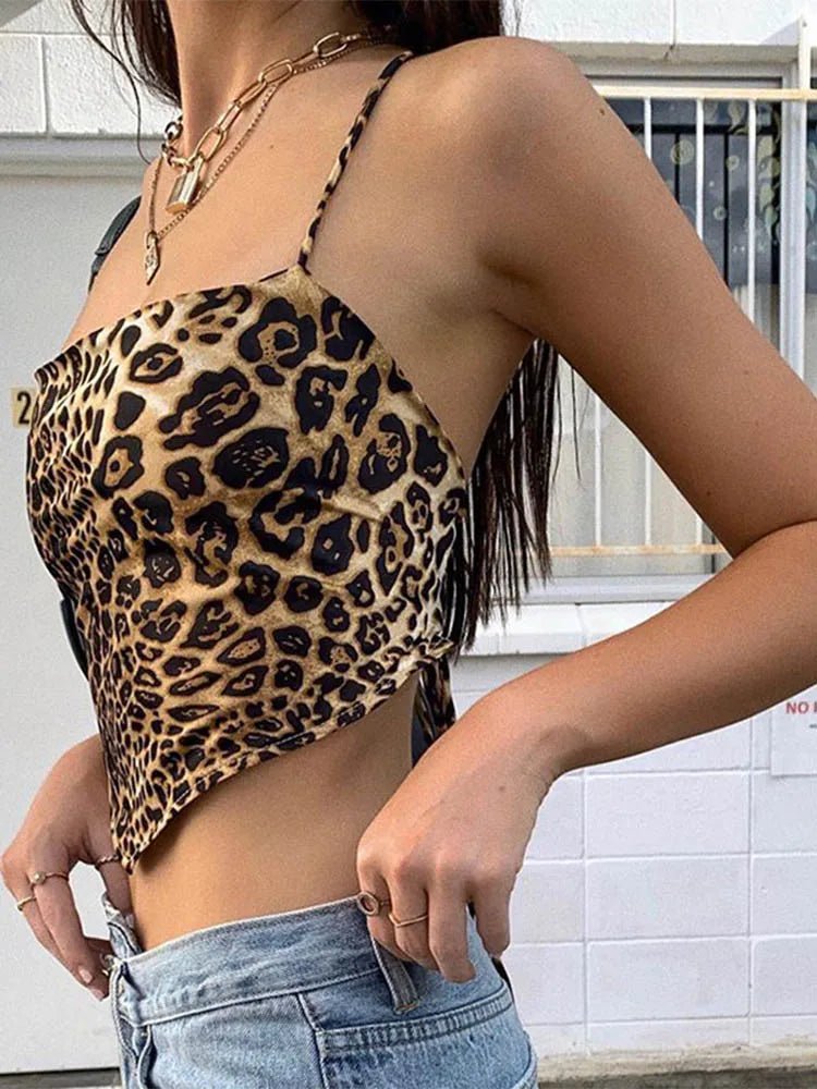 Leopard Pattern Women Tank Tops Backless Sexy Rave Outfits Sleeveless Cross Lace Up Bralette Crop Top Summer Streetwear - MAGUSTA BEAUTY