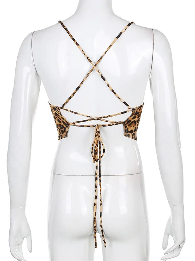 Leopard Pattern Women Tank Tops Backless Sexy Rave Outfits Sleeveless Cross Lace Up Bralette Crop Top Summer Streetwear - MAGUSTA BEAUTY