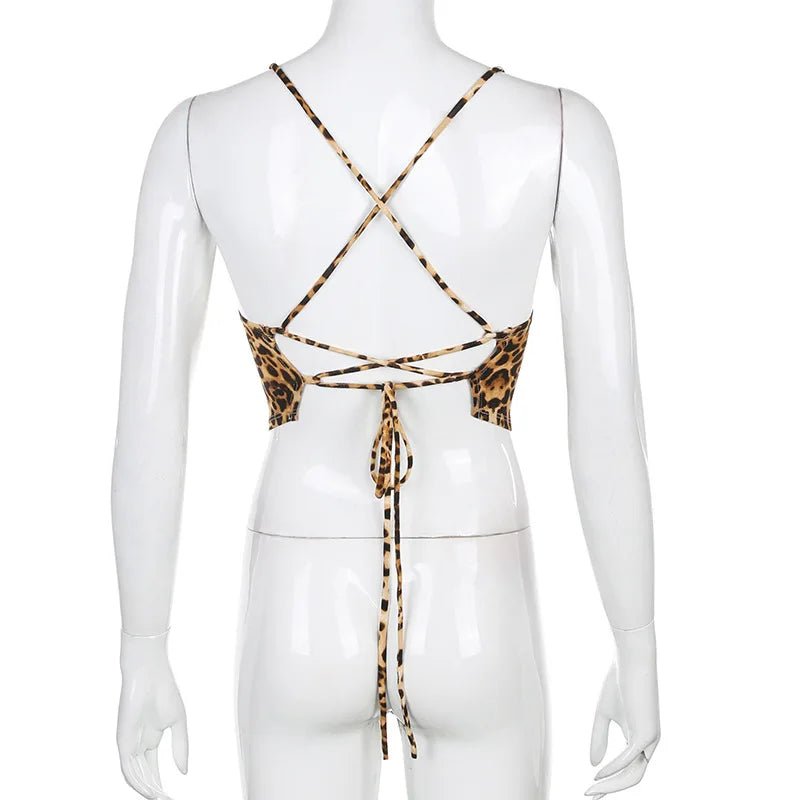 Leopard Pattern Women Tank Tops Backless Sexy Rave Outfits Sleeveless Cross Lace Up Bralette Crop Top Summer Streetwear - MAGUSTA BEAUTY