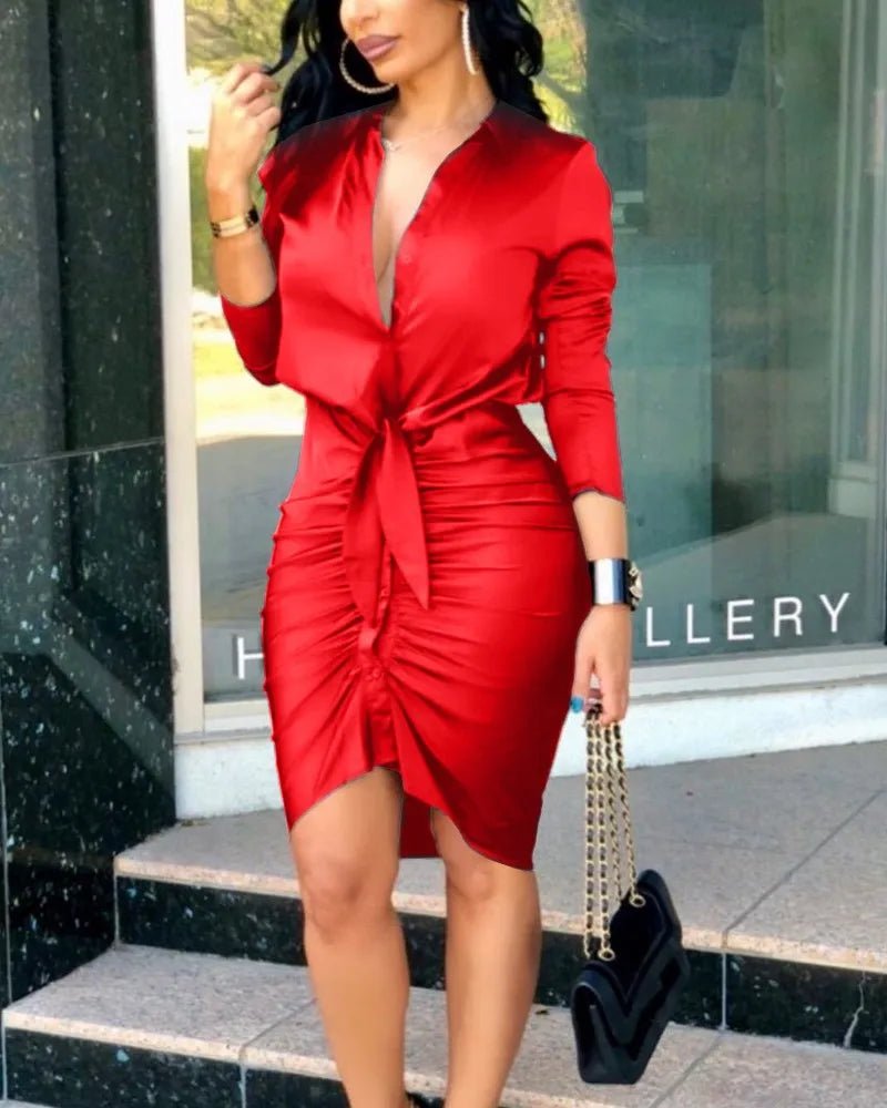 Long Sleeve Elegant Skinny Office Lady Mini Dress For Women Sexy deep V-neck Black Package Hip Bodycon Dresses Casual Robe - MAGUSTA BEAUTY