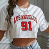 Los Angeles Number 91 Graphic Round Neck Sports Crop T-shirt Crew Neck Casual Running Workout Crop Top Women's Activewear - MAGUSTA BEAUTY