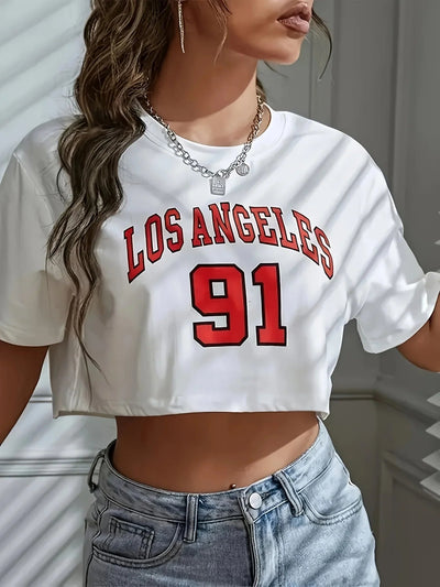 Los Angeles Number 91 Graphic Round Neck Sports Crop T-shirt Crew Neck Casual Running Workout Crop Top Women's Activewear - MAGUSTA BEAUTY