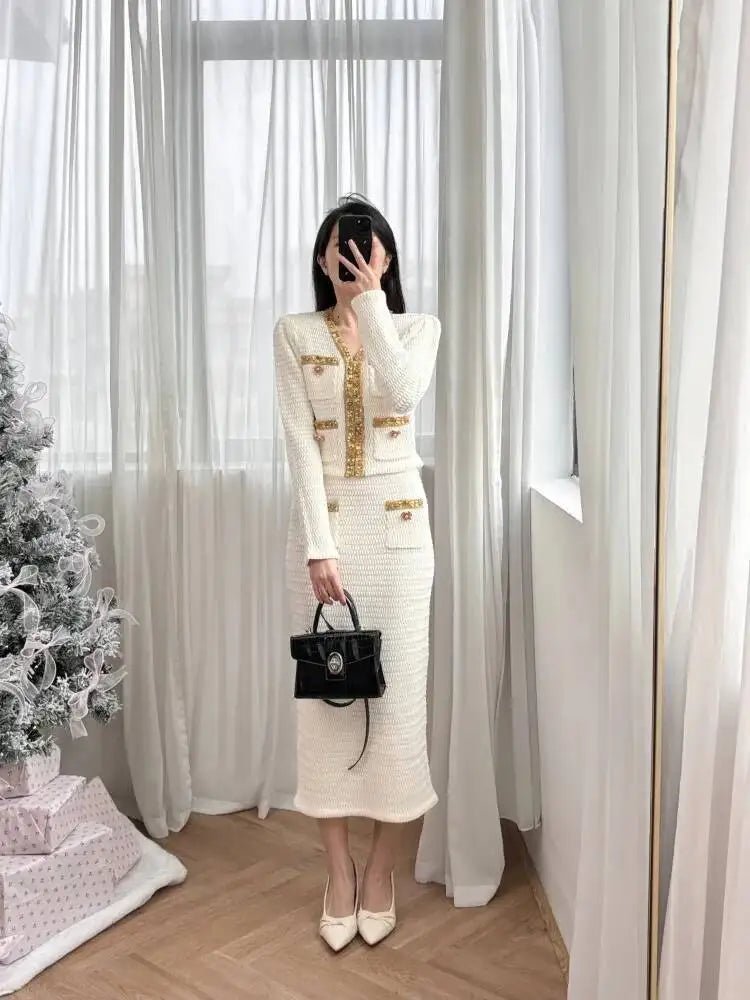 Luxury Crystal Long Evening Dresses Women 2 Piece Women Skirt Suits Beading Knitting Cardigans Sweater Long Pencil Skirts Sets - MAGUSTA BEAUTY