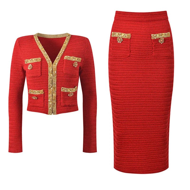 Luxury Crystal Long Evening Dresses Women 2 Piece Women Skirt Suits Beading Knitting Cardigans Sweater Long Pencil Skirts Sets - MAGUSTA BEAUTY
