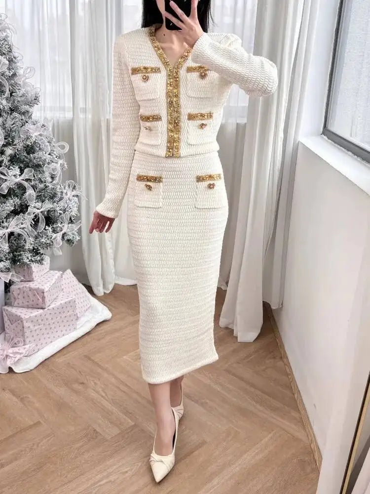 Luxury Crystal Long Evening Dresses Women 2 Piece Women Skirt Suits Beading Knitting Cardigans Sweater Long Pencil Skirts Sets - MAGUSTA BEAUTY
