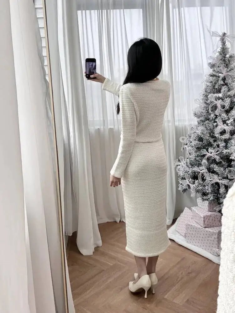 Luxury Crystal Long Evening Dresses Women 2 Piece Women Skirt Suits Beading Knitting Cardigans Sweater Long Pencil Skirts Sets - MAGUSTA BEAUTY