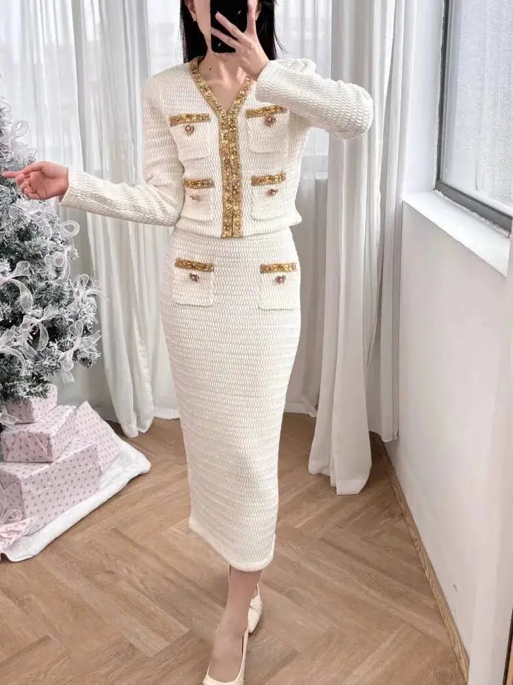 Luxury Crystal Long Evening Dresses Women 2 Piece Women Skirt Suits Beading Knitting Cardigans Sweater Long Pencil Skirts Sets - MAGUSTA BEAUTY