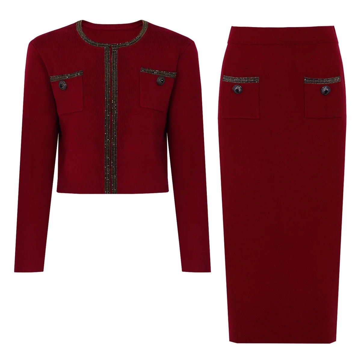 Luxury Crystal Long Evening Dresses Women 2 Piece Women Skirt Suits Beading Knitting Cardigans Sweater Long Pencil Skirts Sets - MAGUSTA BEAUTY