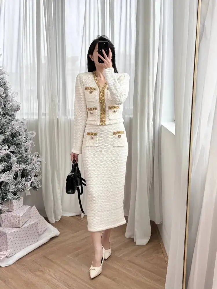 Luxury Crystal Long Evening Dresses Women 2 Piece Women Skirt Suits Beading Knitting Cardigans Sweater Long Pencil Skirts Sets - MAGUSTA BEAUTY