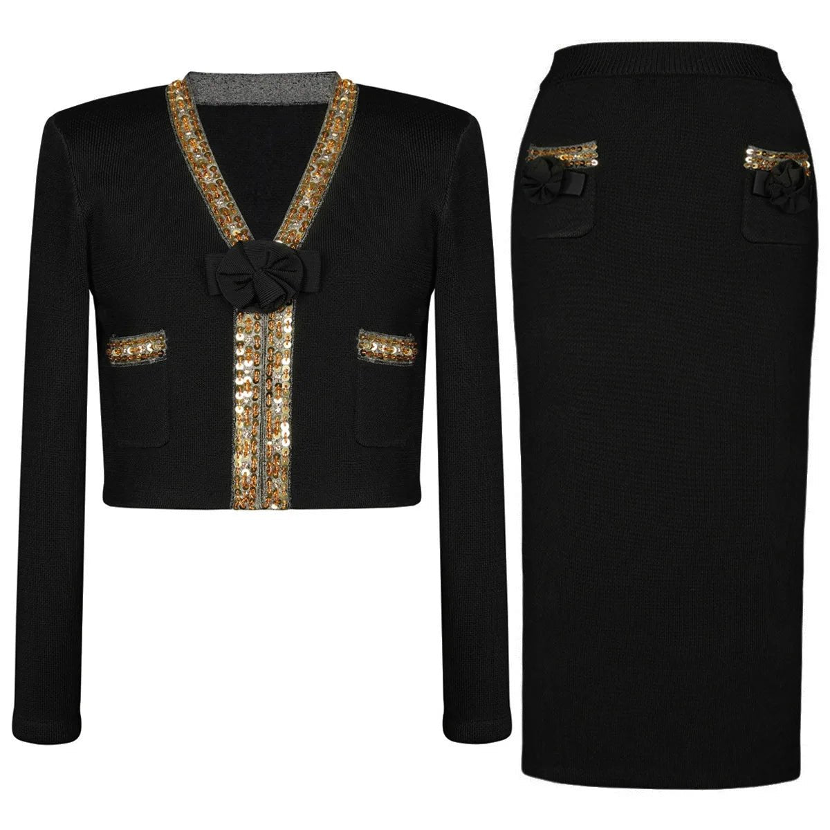 Luxury Crystal Long Evening Dresses Women 2 Piece Women Skirt Suits Beading Knitting Cardigans Sweater Long Pencil Skirts Sets - MAGUSTA BEAUTY