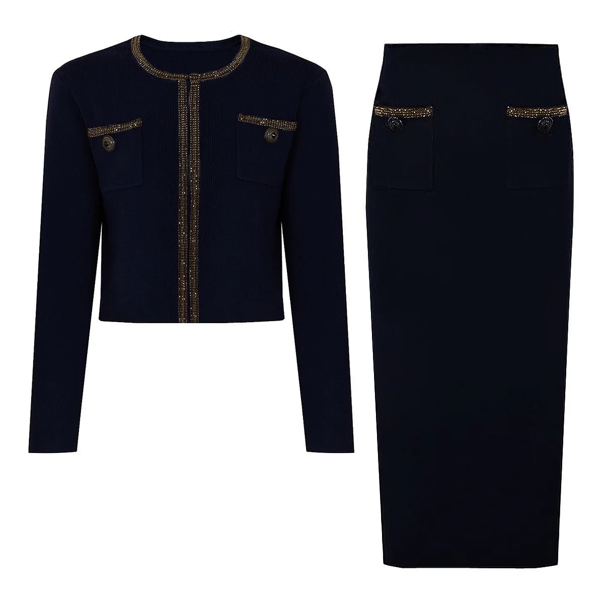 Luxury Crystal Long Evening Dresses Women 2 Piece Women Skirt Suits Beading Knitting Cardigans Sweater Long Pencil Skirts Sets - MAGUSTA BEAUTY