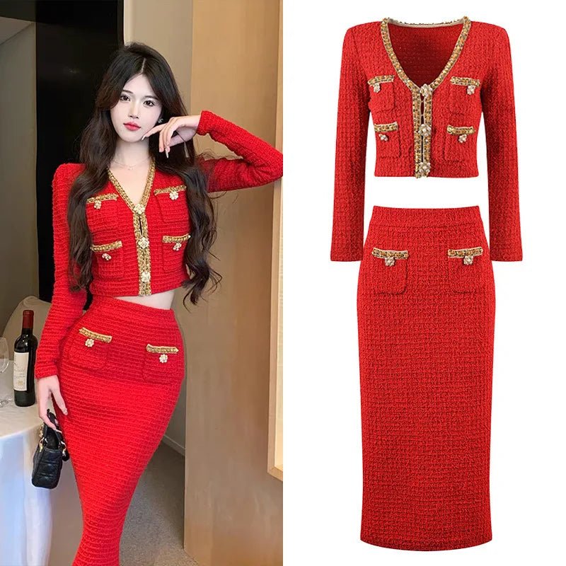 Luxury Crystal Long Evening Dresses Women 2 Piece Women Skirt Suits Beading Knitting Cardigans Sweater Long Pencil Skirts Sets - MAGUSTA BEAUTY