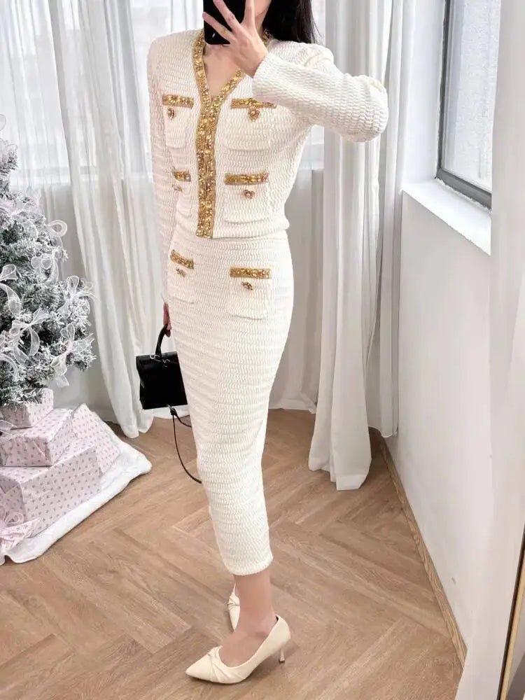 Luxury Crystal Long Evening Dresses Women 2 Piece Women Skirt Suits Beading Knitting Cardigans Sweater Long Pencil Skirts Sets - MAGUSTA BEAUTY