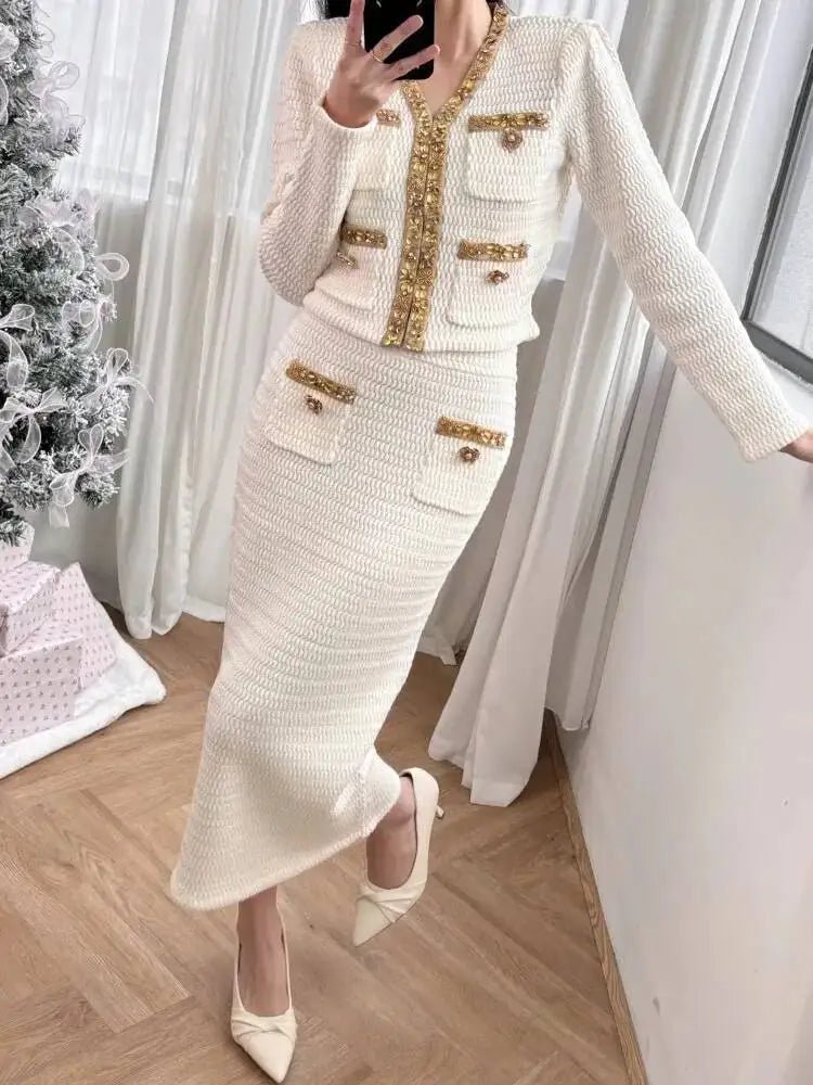 Luxury Crystal Long Evening Dresses Women 2 Piece Women Skirt Suits Beading Knitting Cardigans Sweater Long Pencil Skirts Sets - MAGUSTA BEAUTY