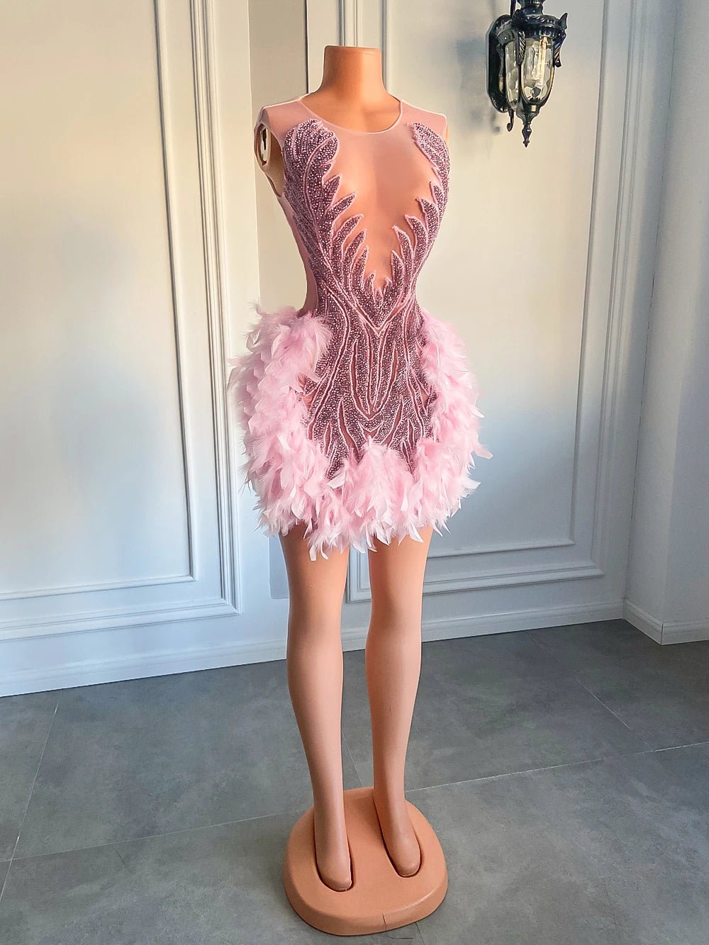 Luxury Sheer Neckline Women Cocktail Dress Pink Feather Black Girl Short Prom Dresses 2026 For Birthday Party - MAGUSTA BEAUTY