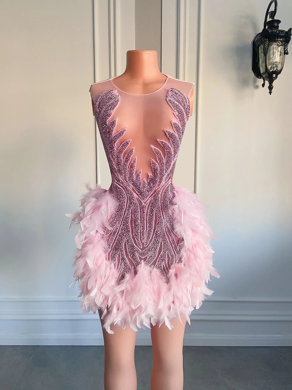 Luxury Sheer Neckline Women Cocktail Dress Pink Feather Black Girl Short Prom Dresses 2026 For Birthday Party - MAGUSTA BEAUTY