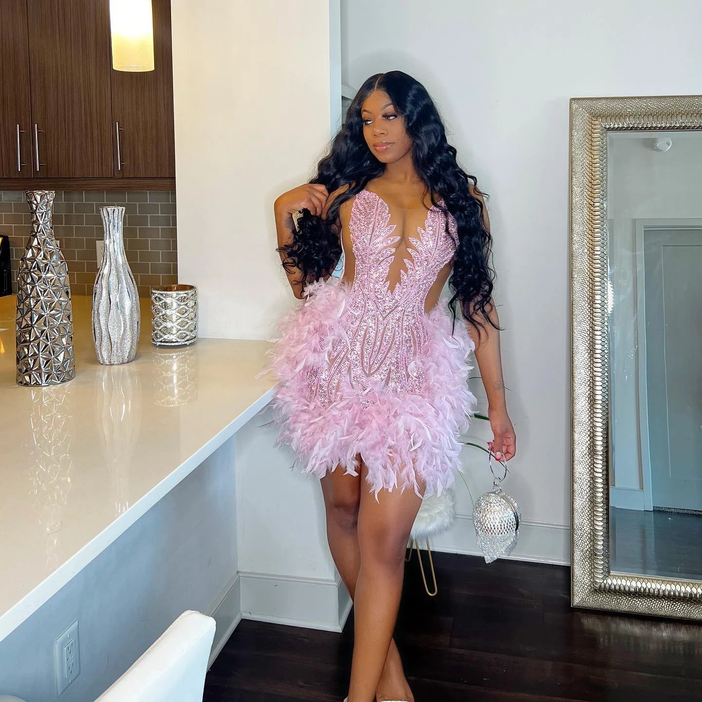 Luxury Sheer Neckline Women Cocktail Dress Pink Feather Black Girl Short Prom Dresses 2026 For Birthday Party - MAGUSTA BEAUTY