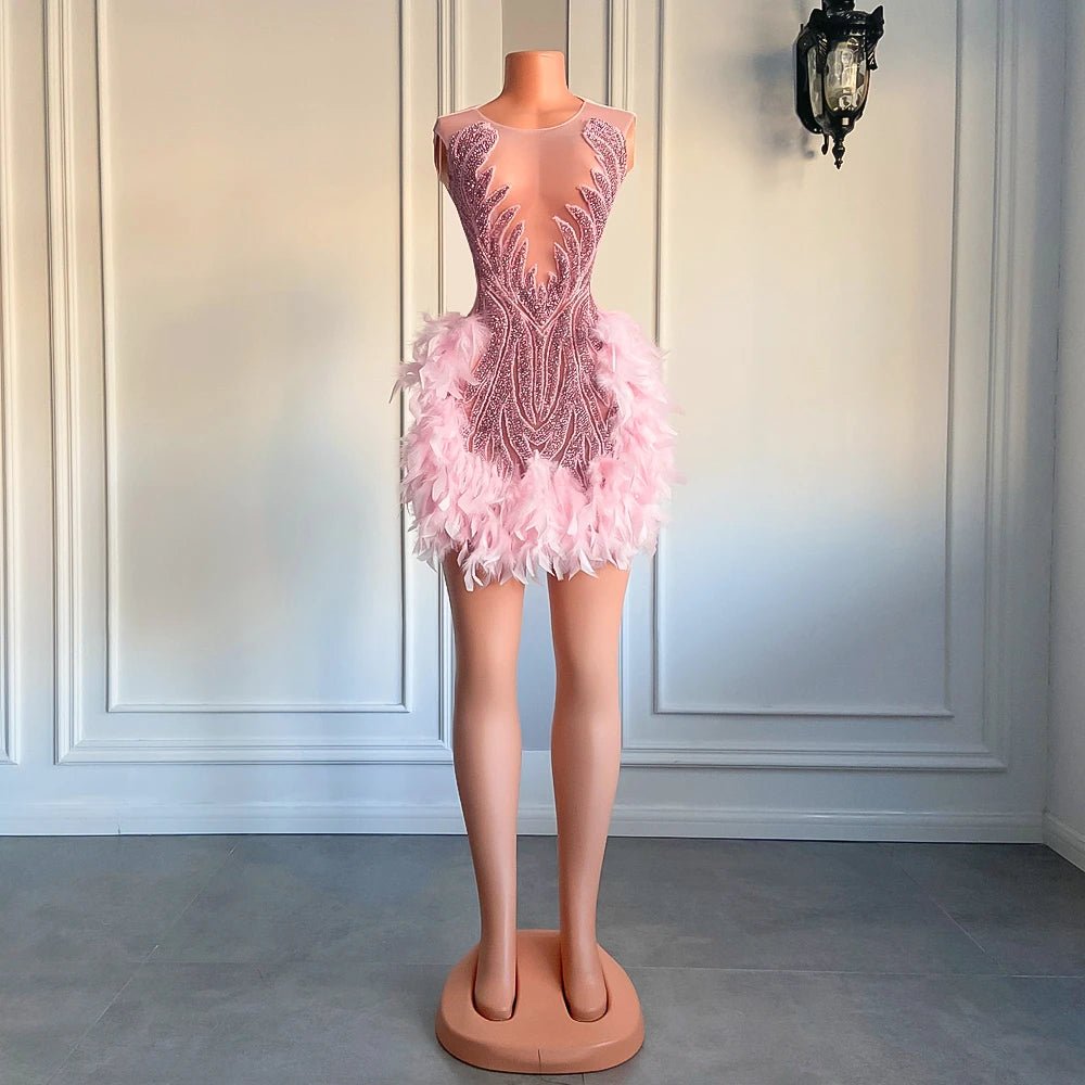 Luxury Sheer Neckline Women Cocktail Dress Pink Feather Black Girl Short Prom Dresses 2026 For Birthday Party - MAGUSTA BEAUTY