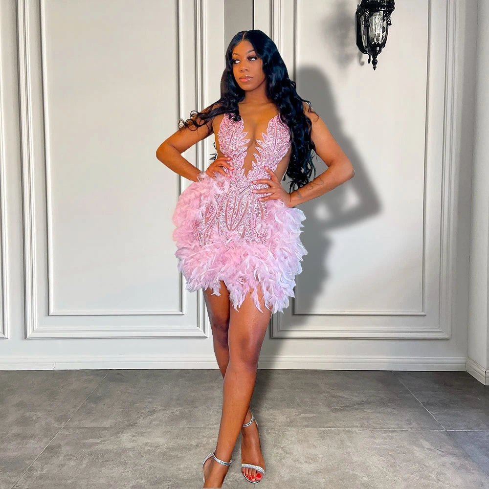 Luxury Sheer Neckline Women Cocktail Dress Pink Feather Black Girl Short Prom Dresses 2026 For Birthday Party - MAGUSTA BEAUTY