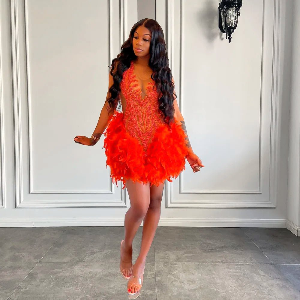 Luxury Sheer Neckline Women Cocktail Dress Pink Feather Black Girl Short Prom Dresses 2026 For Birthday Party - MAGUSTA BEAUTY