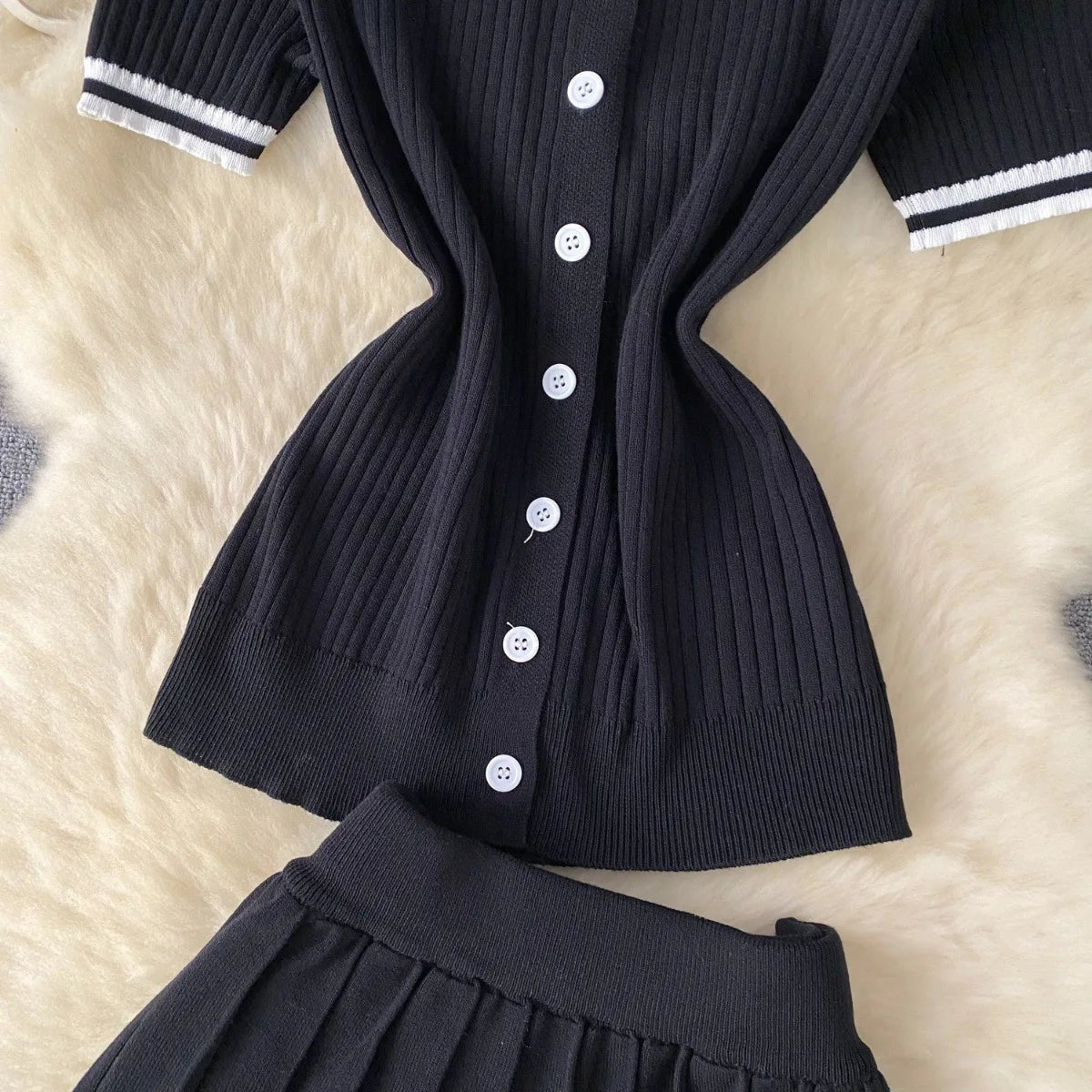 Mini Skirt Set Women Two Piece Sets Polo Collar Knit Shirt Tops Dress Sets Casual Y2k Streetwear Pleated Shorts Skirts Elegant - MAGUSTA BEAUTY