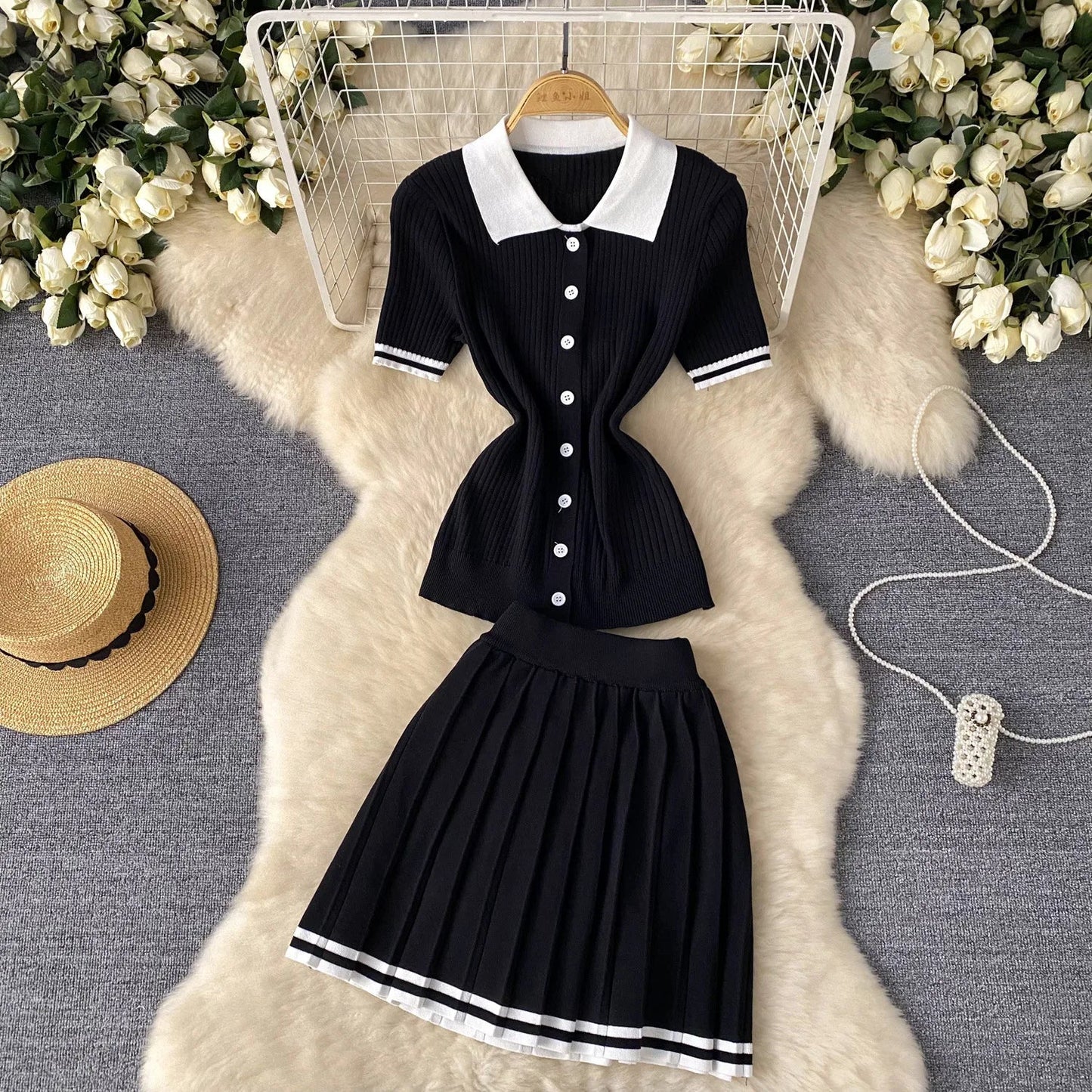 Mini Skirt Set Women Two Piece Sets Polo Collar Knit Shirt Tops Dress Sets Casual Y2k Streetwear Pleated Shorts Skirts Elegant - MAGUSTA BEAUTY