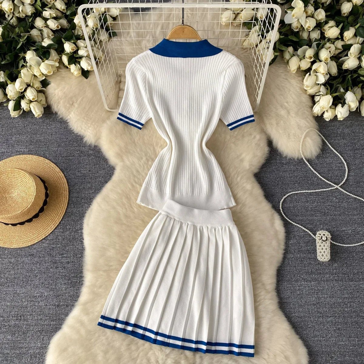 Mini Skirt Set Women Two Piece Sets Polo Collar Knit Shirt Tops Dress Sets Casual Y2k Streetwear Pleated Shorts Skirts Elegant - MAGUSTA BEAUTY