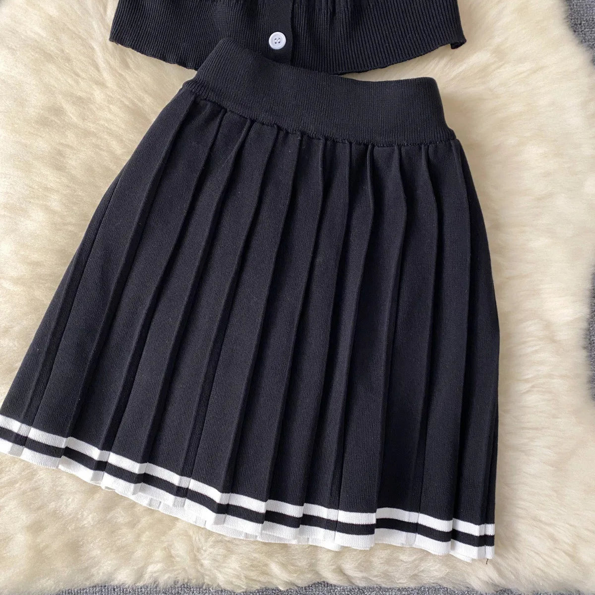 Mini Skirt Set Women Two Piece Sets Polo Collar Knit Shirt Tops Dress Sets Casual Y2k Streetwear Pleated Shorts Skirts Elegant - MAGUSTA BEAUTY