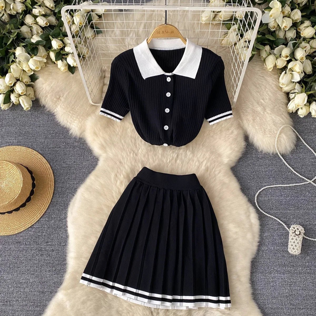 Mini Skirt Set Women Two Piece Sets Polo Collar Knit Shirt Tops Dress Sets Casual Y2k Streetwear Pleated Shorts Skirts Elegant - MAGUSTA BEAUTY