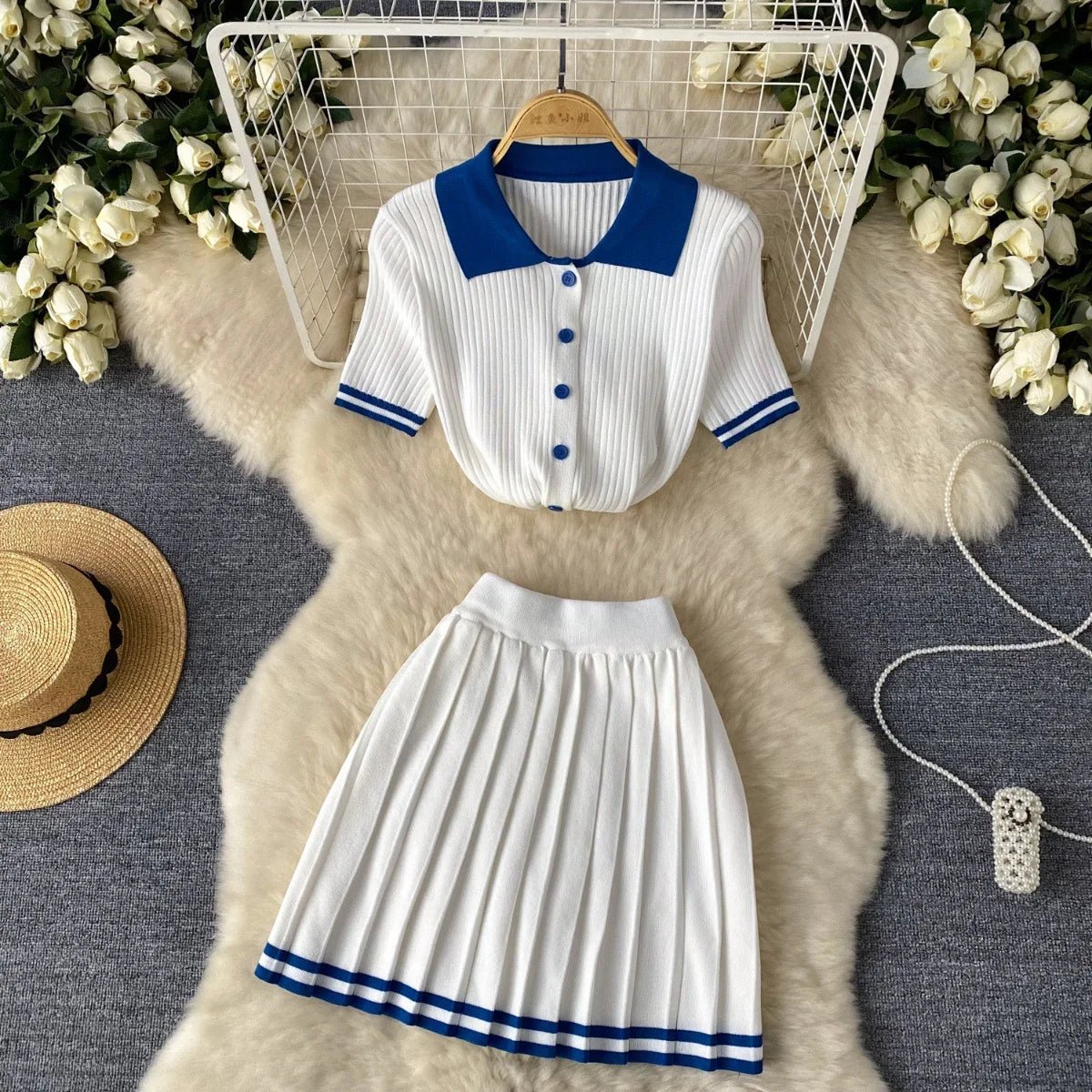 Mini Skirt Set Women Two Piece Sets Polo Collar Knit Shirt Tops Dress Sets Casual Y2k Streetwear Pleated Shorts Skirts Elegant - MAGUSTA BEAUTY