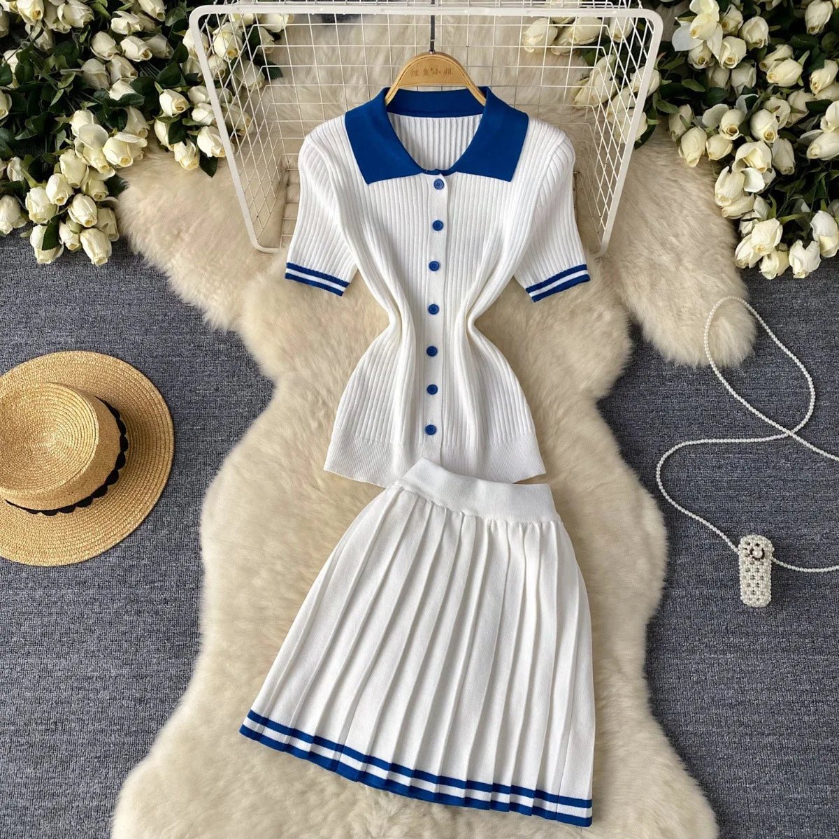 Mini Skirt Set Women Two Piece Sets Polo Collar Knit Shirt Tops Dress Sets Casual Y2k Streetwear Pleated Shorts Skirts Elegant - MAGUSTA BEAUTY