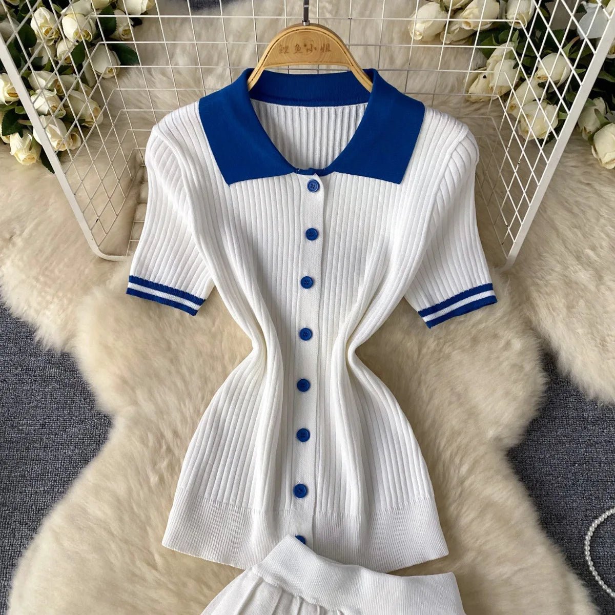 Mini Skirt Set Women Two Piece Sets Polo Collar Knit Shirt Tops Dress Sets Casual Y2k Streetwear Pleated Shorts Skirts Elegant - MAGUSTA BEAUTY