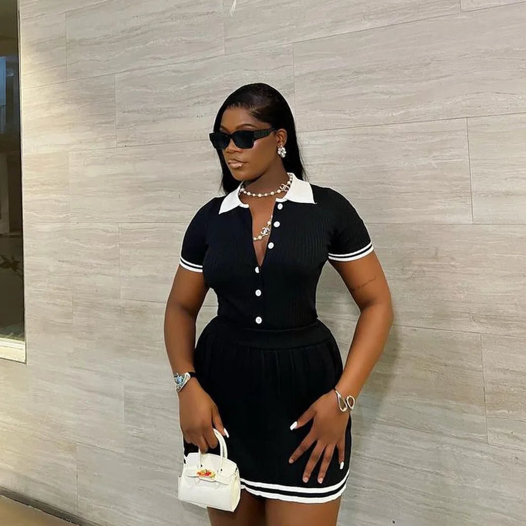 Mini Skirt Set Women Two Piece Sets Polo Collar Knit Shirt Tops Dress Sets Casual Y2k Streetwear Pleated Shorts Skirts Elegant - MAGUSTA BEAUTY