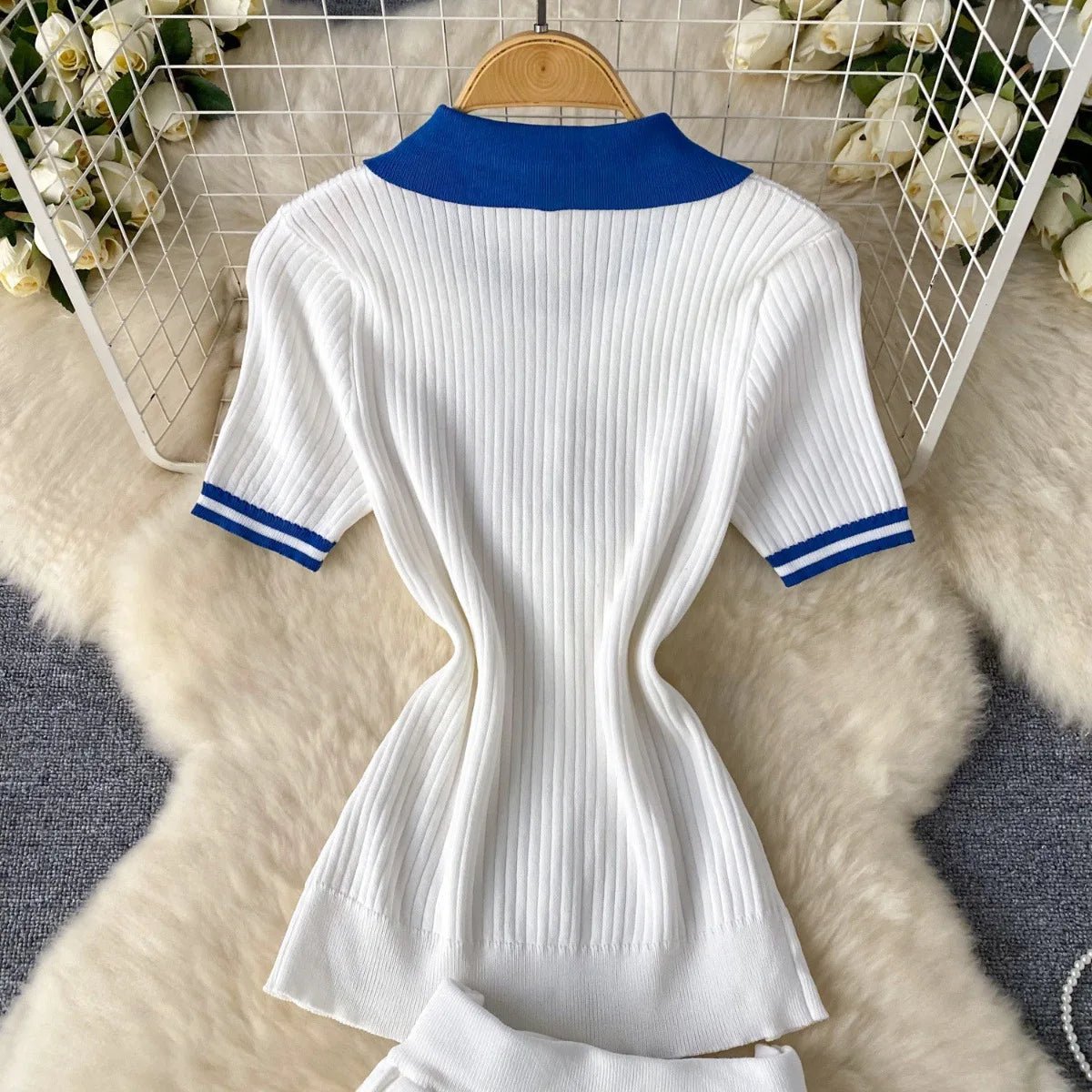 Mini Skirt Set Women Two Piece Sets Polo Collar Knit Shirt Tops Dress Sets Casual Y2k Streetwear Pleated Shorts Skirts Elegant - MAGUSTA BEAUTY