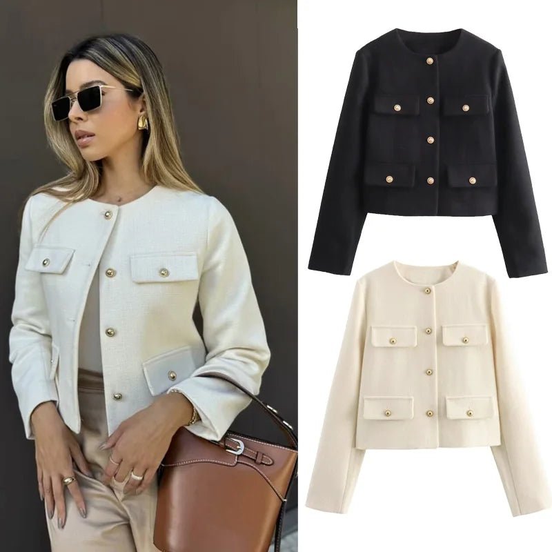MUJER 2025 Cropped Tweed Jacket Woman Coat Button Long Sleeve Elegant Jackets For Women Short Coats Fashion New In Outerwears - MAGUSTA BEAUTY