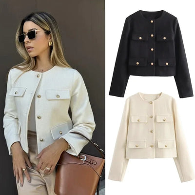 MUJER 2025 Cropped Tweed Jacket Woman Coat Button Long Sleeve Elegant Jackets For Women Short Coats Fashion New In Outerwears - MAGUSTA BEAUTY