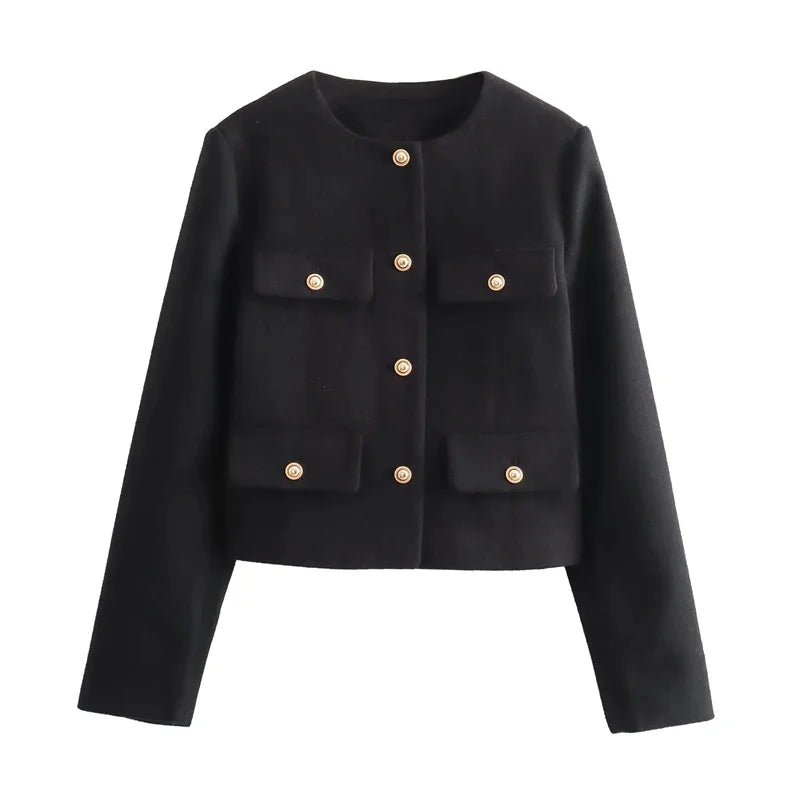 MUJER 2025 Cropped Tweed Jacket Woman Coat Button Long Sleeve Elegant Jackets For Women Short Coats Fashion New In Outerwears - MAGUSTA BEAUTY