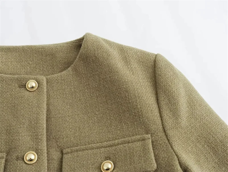 MUJER 2025 Cropped Tweed Jacket Woman Coat Button Long Sleeve Elegant Jackets For Women Short Coats Fashion New In Outerwears - MAGUSTA BEAUTY