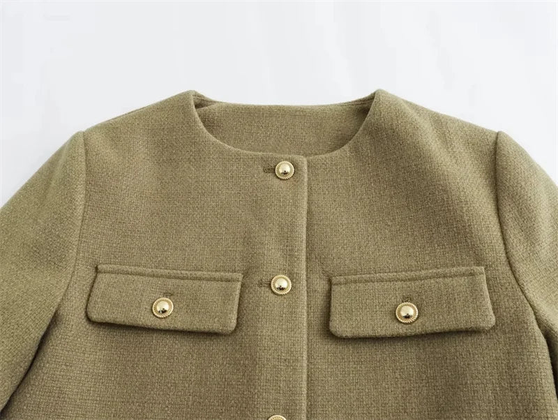 MUJER 2025 Cropped Tweed Jacket Woman Coat Button Long Sleeve Elegant Jackets For Women Short Coats Fashion New In Outerwears - MAGUSTA BEAUTY
