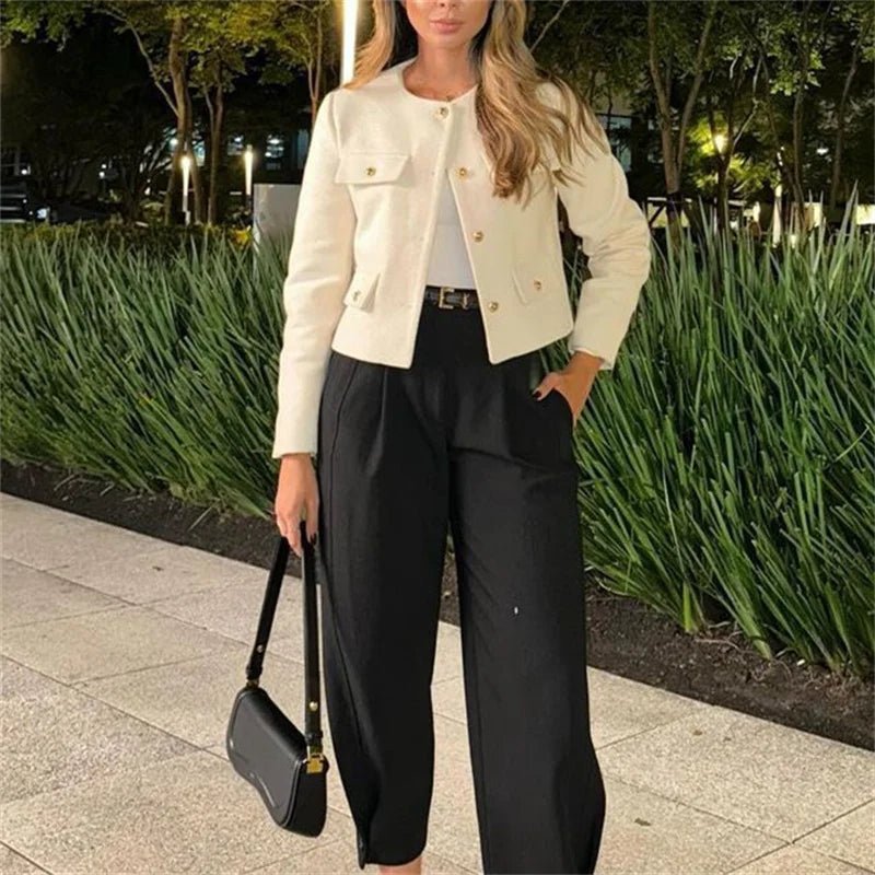 MUJER 2025 Cropped Tweed Jacket Woman Coat Button Long Sleeve Elegant Jackets For Women Short Coats Fashion New In Outerwears - MAGUSTA BEAUTY