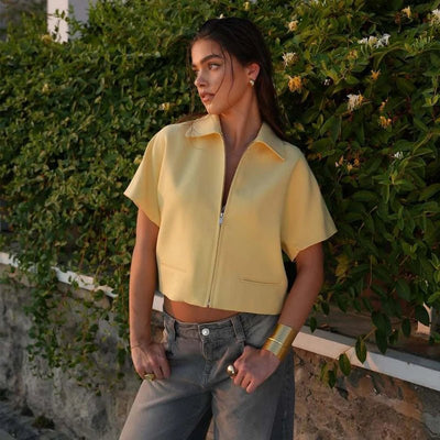 MUJER Women's Cropped Jacket Short Sleeve Varsity Jackets for Women Summer Zip up New in Coats and Jackets Holiday Outerwears - MAGUSTA BEAUTY