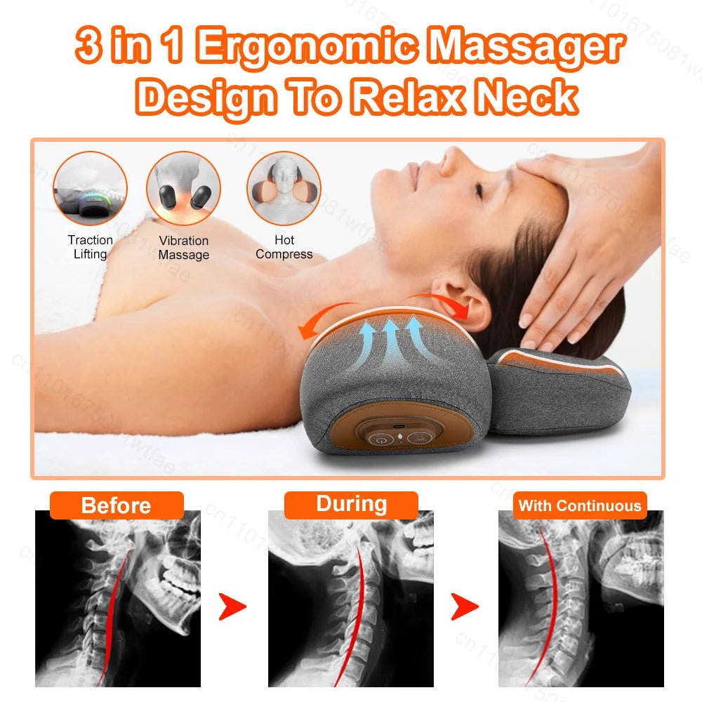 Neck Massager Pillow Cervical Orthopedic Pillow Lifting Traction Relax Hot Compress Vibration Massage Neck Pain Relief - MAGUSTA BEAUTY