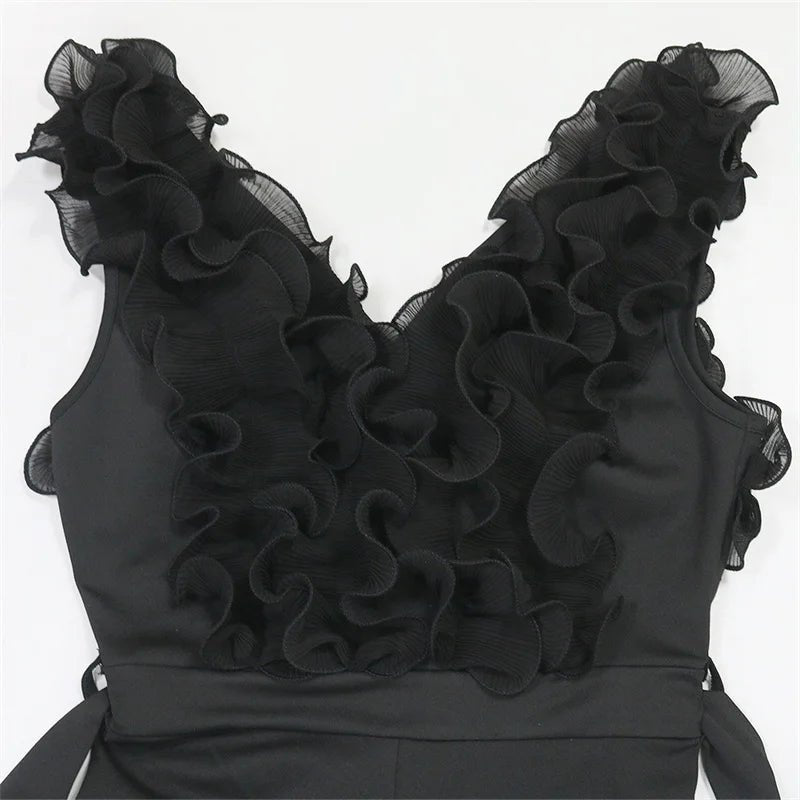 New 2025 Summer Women V Neck Sleeveless Elegant Straight Jumpsuits Edible Tree Fungus Sexy Birthday Party Jumpsuit Rompers Black - MAGUSTA BEAUTY