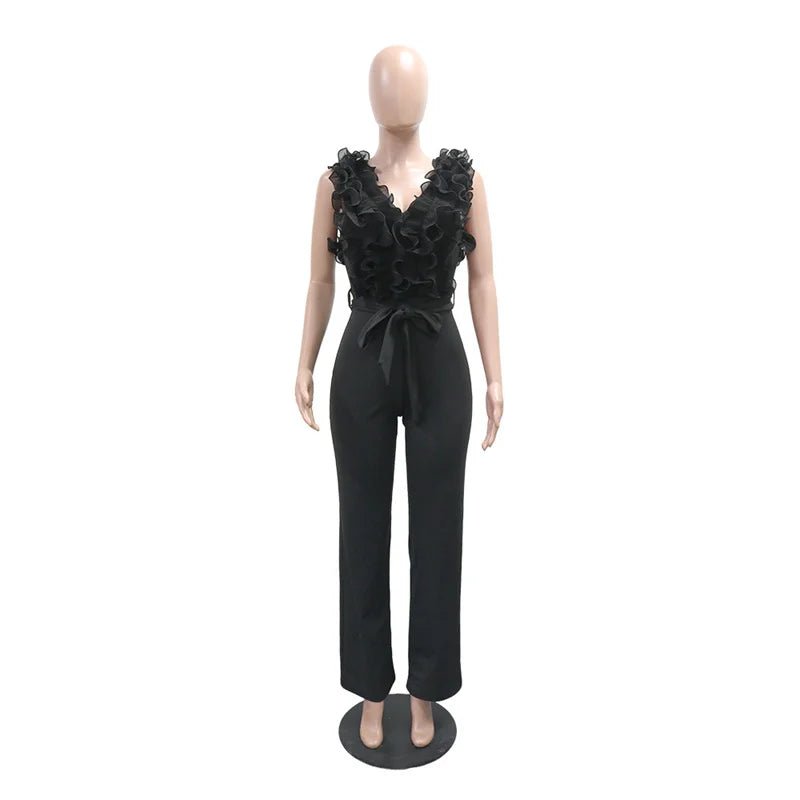 New 2025 Summer Women V Neck Sleeveless Elegant Straight Jumpsuits Edible Tree Fungus Sexy Birthday Party Jumpsuit Rompers Black - MAGUSTA BEAUTY