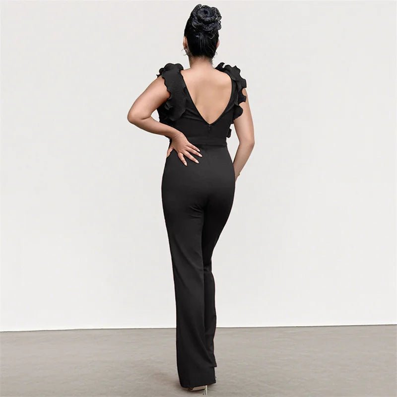 New 2025 Summer Women V Neck Sleeveless Elegant Straight Jumpsuits Edible Tree Fungus Sexy Birthday Party Jumpsuit Rompers Black - MAGUSTA BEAUTY