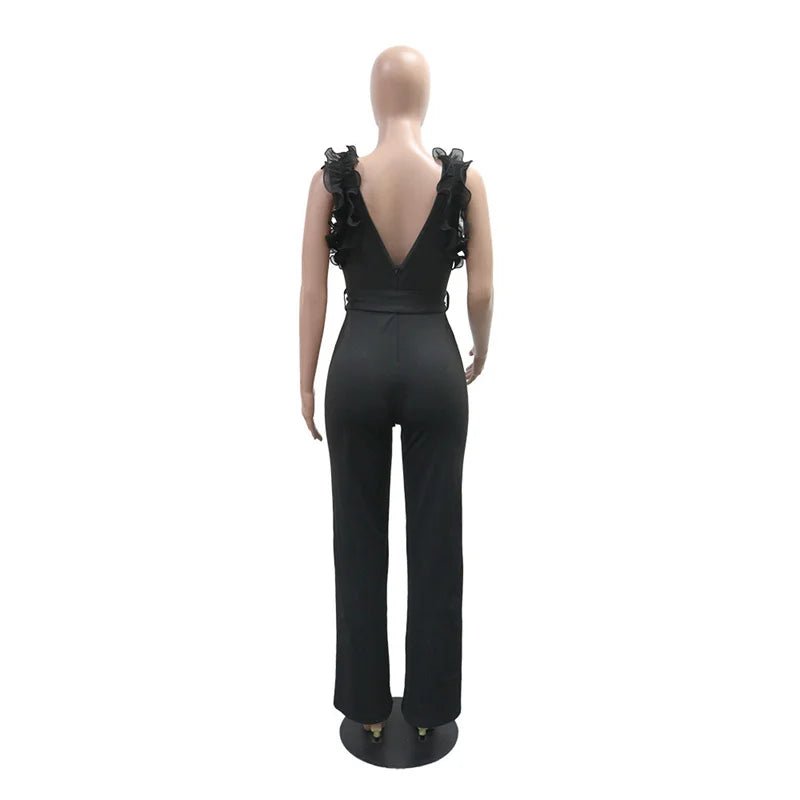 New 2025 Summer Women V Neck Sleeveless Elegant Straight Jumpsuits Edible Tree Fungus Sexy Birthday Party Jumpsuit Rompers Black - MAGUSTA BEAUTY