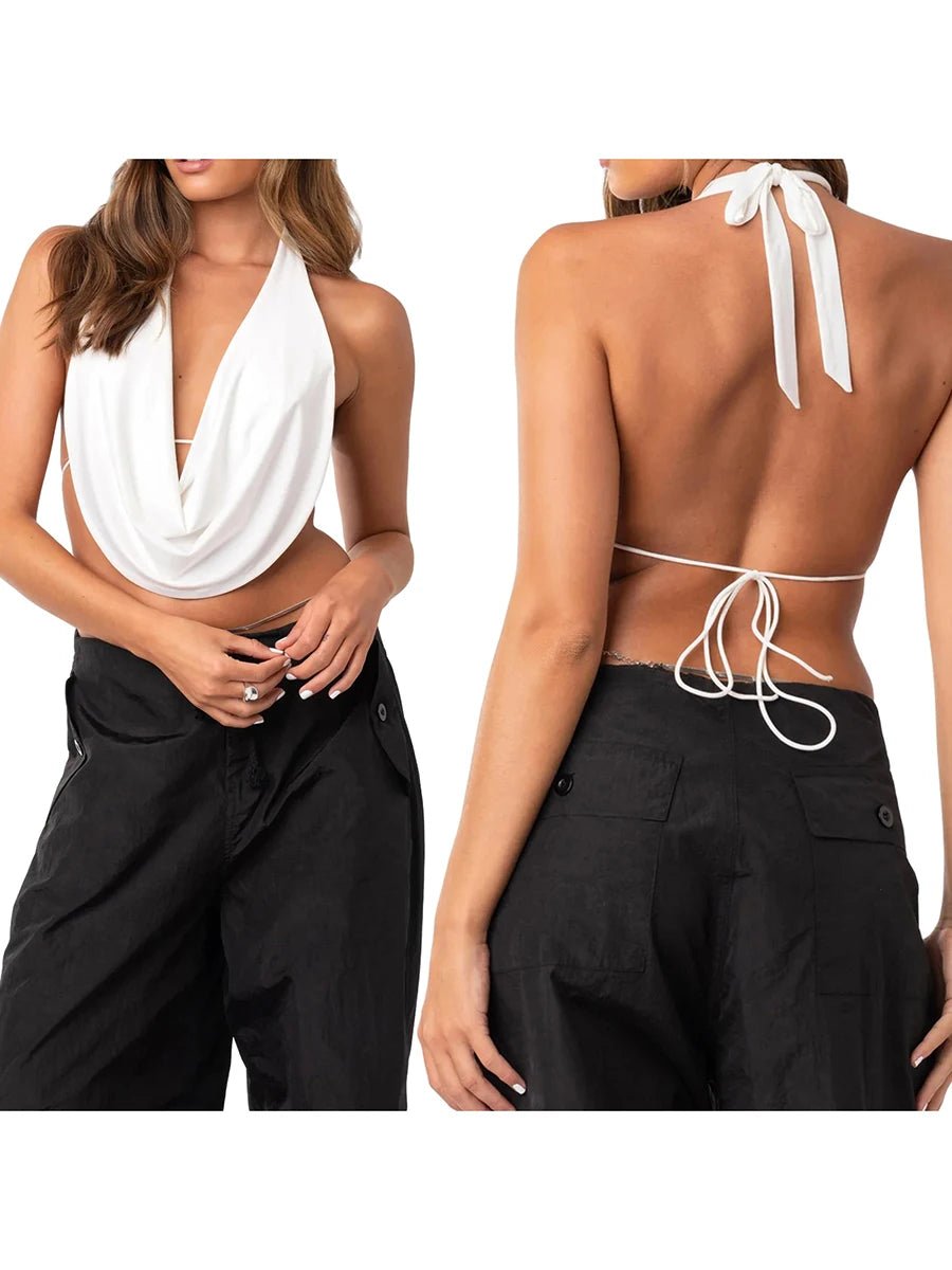 New Fashion Women Halterneck Tops Summer Casual Front Draped Bandage Backless Sleeveless Tops Streetwear - MAGUSTA BEAUTY
