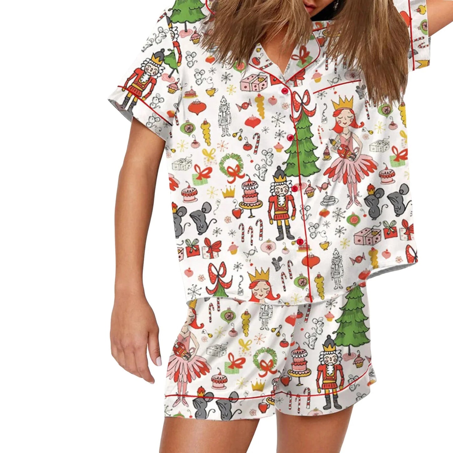 Nutcracker Pajamas Women Christmas Pajama Set Short Sleeve Tops+Elastic Waist Shorts Santa Claus Avatar Print Sleepwear Outfits - MAGUSTA BEAUTY